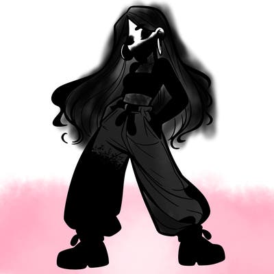 girl in baggy pants crop top and long hair