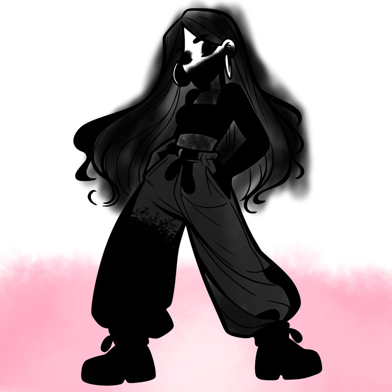 girl in baggy pants crop top and long hair