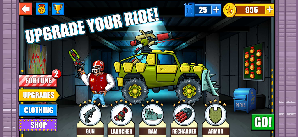 Mad Day - Truck Distance Game - Garage menu in Mad Day showing options to upgrade the truck and customize the character