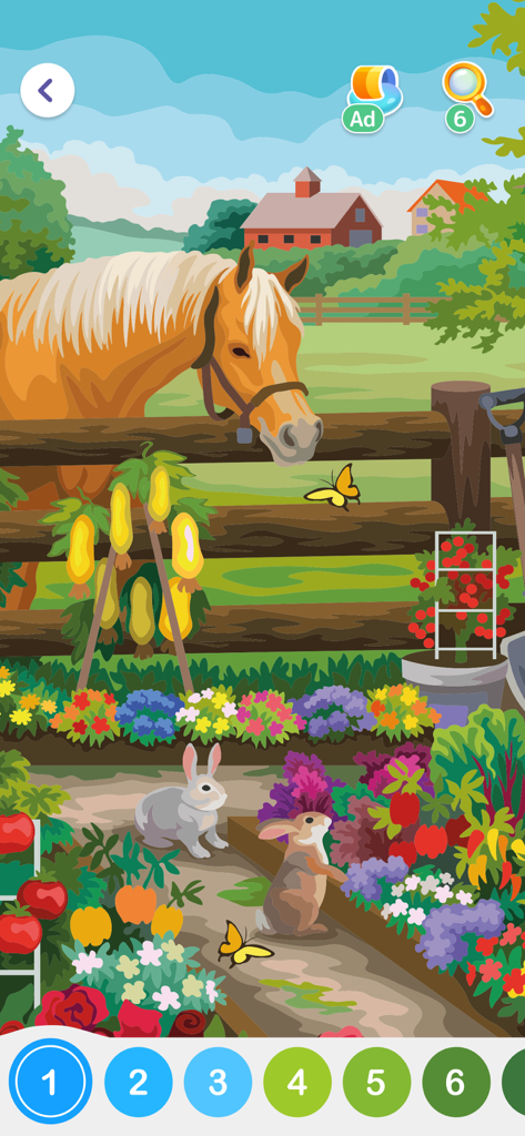 Paint by Number Oil: Hey Color - Eine Benutzeroberfläche für digitale Ölgemälde, die ein Pferd und Kaninchen in einem bunten Bauernhofsgarten zeigt.