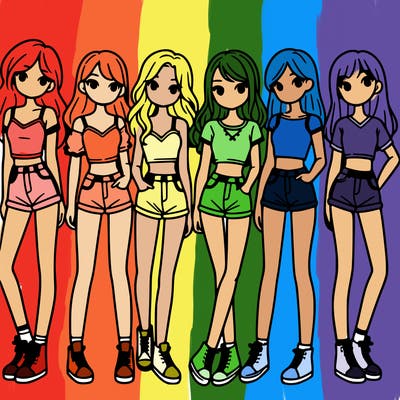 a group of girls wearing crop tops and shorts