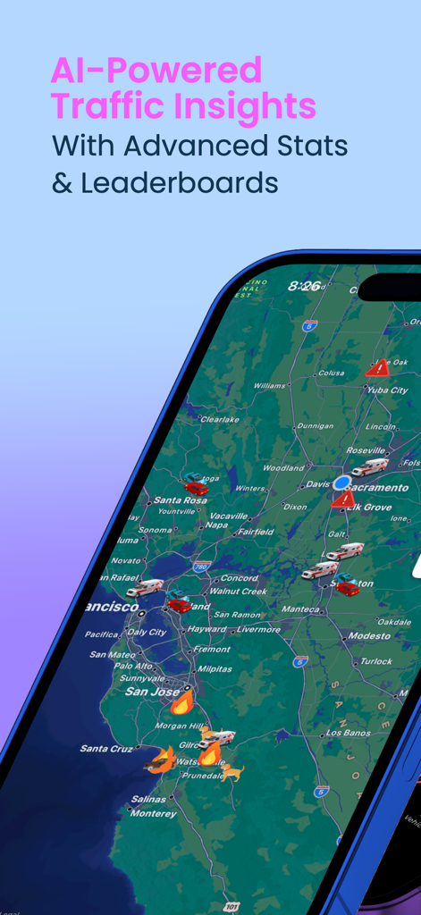Traffic.AI - Interface de l'application Traffic.AI affichant une carte interactive de la Californie avec des alertes d'incidents de trafic en temps réel.