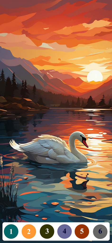 Senior Color - Paint By Number - A coloring book page of a swan at sunset with large numbered buttons for senior accessibility