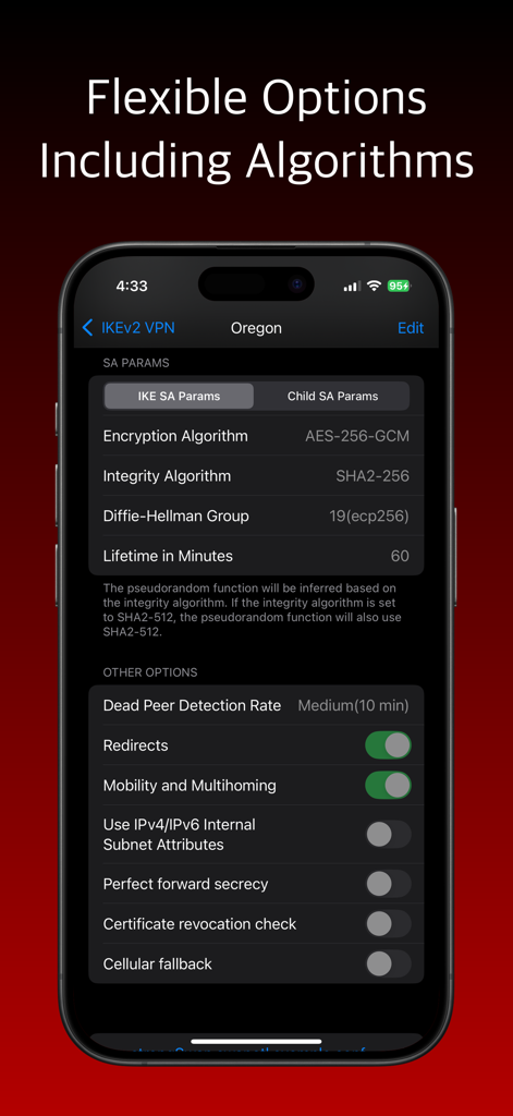 IKEv2 VPN 앱 화면에 기술적 보안 매개변수 및 암호화 알고리즘 설정 표시