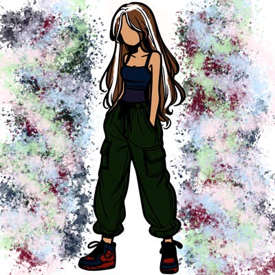 girl in baggy pants crop top and long hair