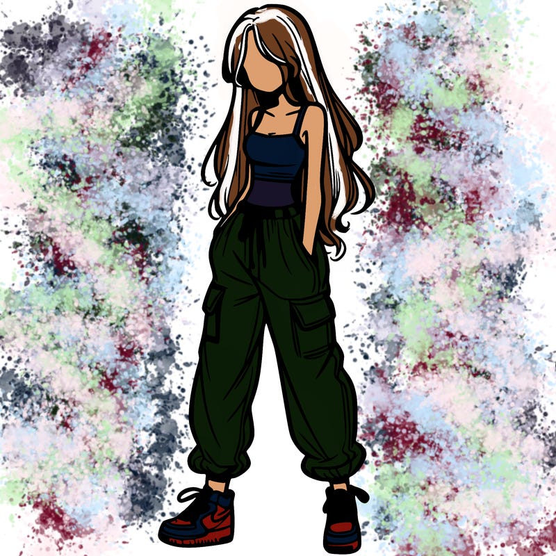 girl in baggy pants crop top and long hair