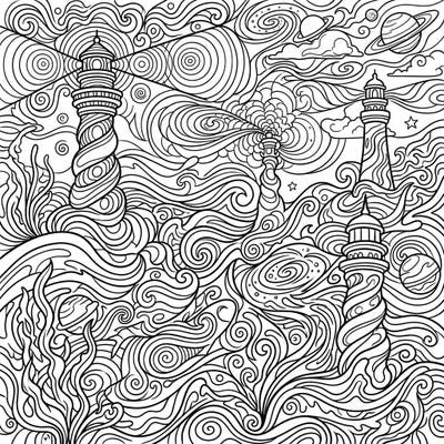 Explore a mesmerizing landscape where sturdy lighthouses meet a vibrant, psychedelic dreamscape. This intricate coloring page invites you to bring a world of swirling waves, cosmic clouds, and organic patterns to life.