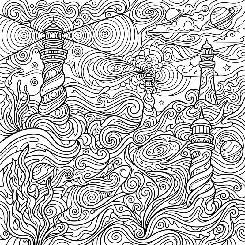 Explore a mesmerizing landscape where sturdy lighthouses meet a vibrant, psychedelic dreamscape. This intricate coloring page invites you to bring a world of swirling waves, cosmic clouds, and organic patterns to life.
