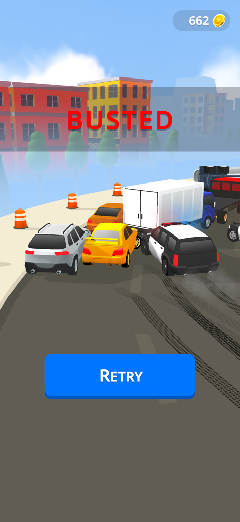 Spiel vorbei-Bildschirm in Line Race Police Pursuit, der einen Autounfall mit dem Text Busted und einem Wiederholungsschaltfläche zeigt.