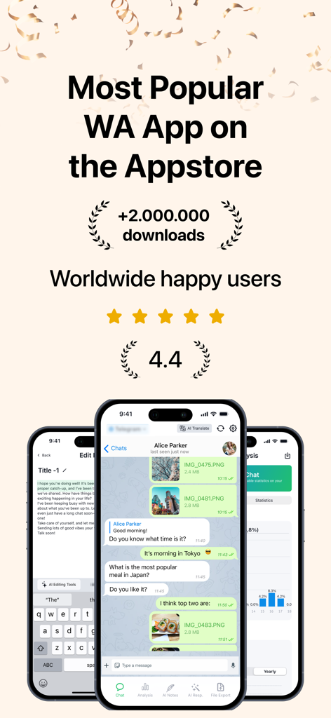 Messenger AI für WA App Promotion-Bildschirm, der zwei Millionen Downloads und Chat-Funktionen zeigt