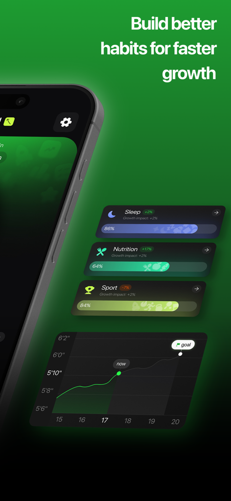 GoTall app interface showing sleep nutrition and sports tracking with a height growth chart