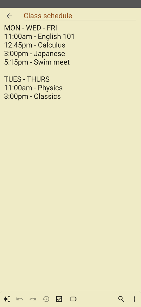 Inkpad Notepad - Notes - To do - Una nota digital simple titulada Horario de clases mostrando una lista de cursos y horarios en un fondo de papel