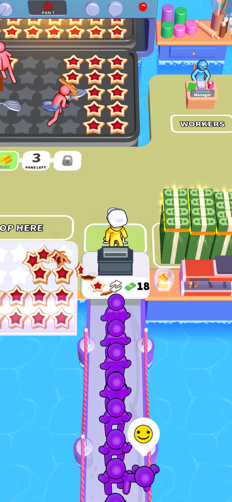 Baking Time! - Captura de pantalla del juego de gestión de pastelería de Baking Time mostrando al personal horneando galletas en forma de estrella y una larga fila de clientes en el mostrador