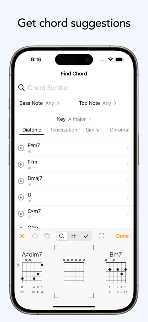 ChordMate 4 - ChordMate 4 app interface showing a list of guitar chord suggestions and detailed finger position diagrams for A sharp diminished 7 and B minor 7 chords.