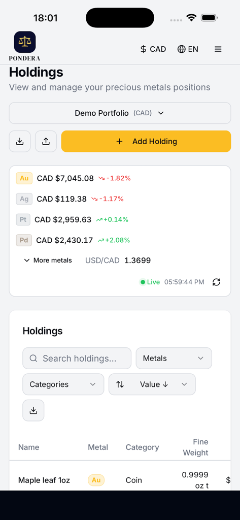 Pondera: Gold Tracker - Dashboard view of the Pondera app showing a portfolio of gold silver and platinum holdings with real time price changes