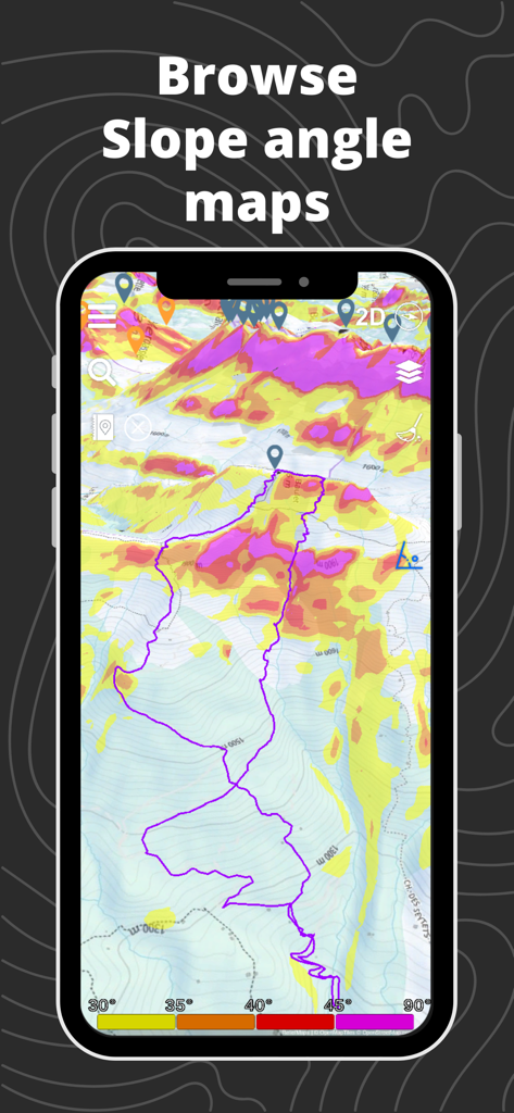 Relief Maps mobile app showing a 3D slope angle map with a tracked GPS route for backcountry safety