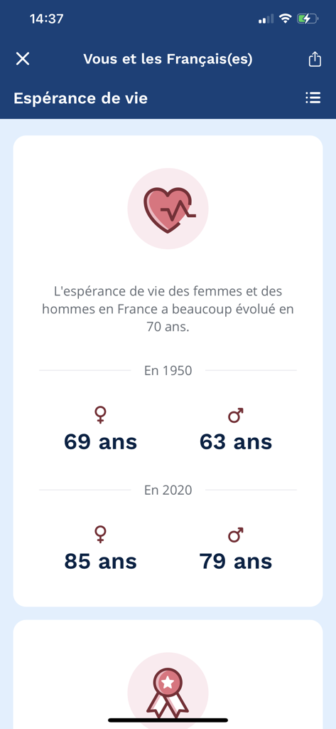 Insee Mobile - Una pantalla de la aplicación Insee Mobile que muestra la evolución de la esperanza de vida en Francia para hombres y mujeres entre 1950 y 2020.