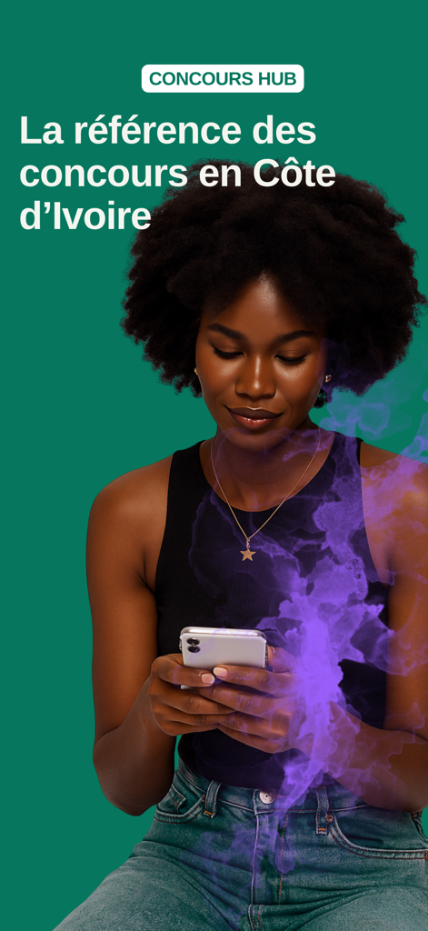 Concours Hub - Jeune femme utilisant l'application Concours Hub pour la préparation aux concours en Côte d'Ivoire