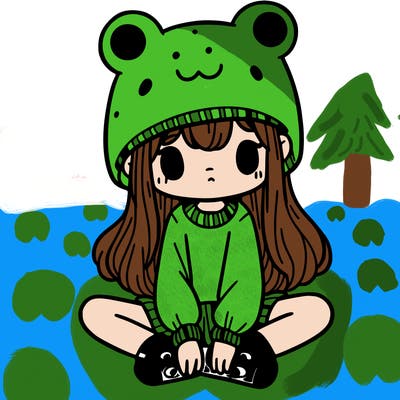 a girl wearing a frog hat and some frog socks