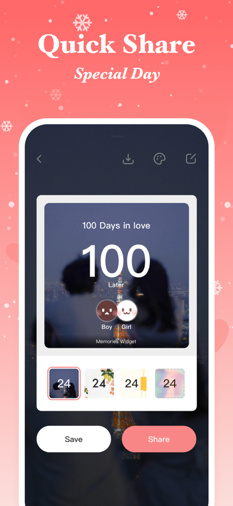 Memories: My Love Days Counter - A screen for sharing a 100-day love anniversary with customizable card designs
