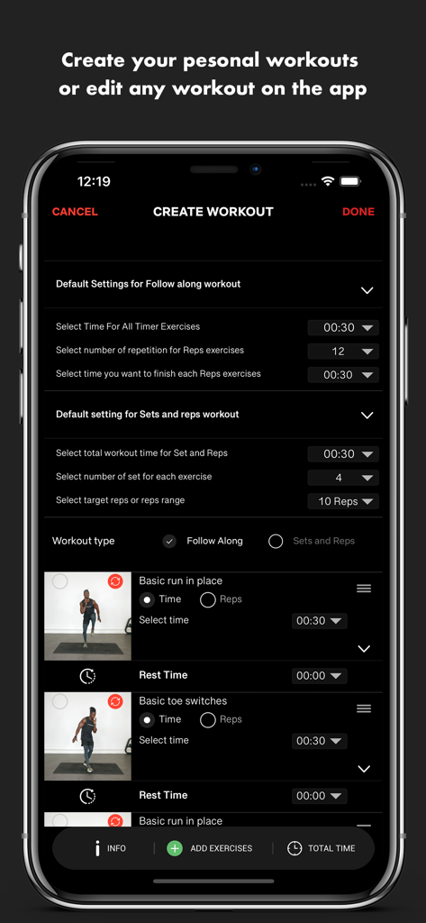 Doviesfitness app interface for creating and editing personalized workouts with custom timing and exercise selections