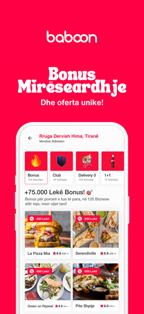 Baboon Delivery: Food and more - Baboon Delivery app interface featuring a welcome bonus banner and restaurant listings with promotional discounts.