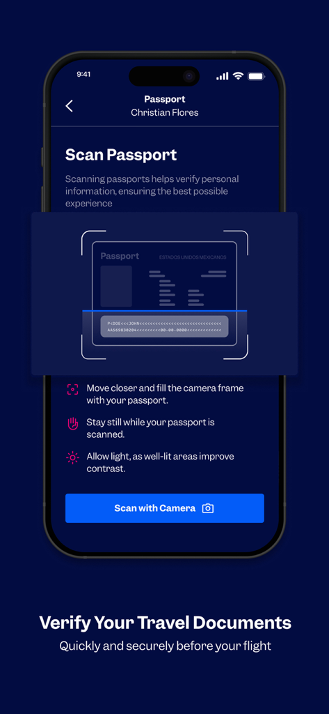 Aeroméxico - Aeroméxico app interface showing the passport scanning feature for travel document verification