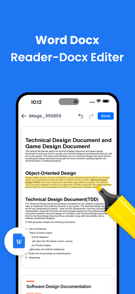 Universal File Reader - A mobile app interface showing a Word document with highlighted text and a yellow marker tool.