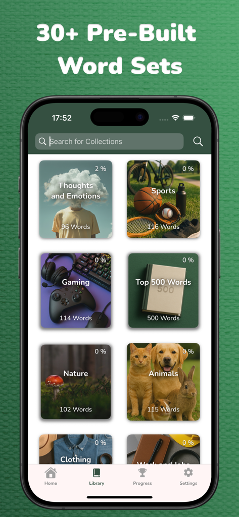 Vocabulary Flashcards: Vocabu - Library of pre-built vocabulary flashcard sets in the Vocabu app including categories like Sports, Nature, and Gaming