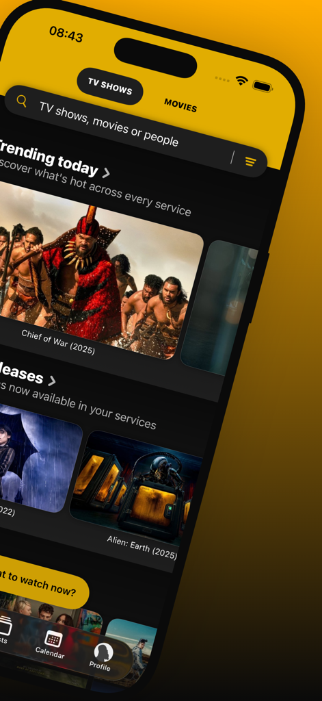 Sofa Time: TV Shows & Movies - Interfaz de la aplicación Sofa Time mostrando series de TV de moda y estrenos de películas en la pantalla de un smartphone