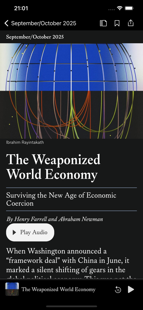 Foreign Affairs Magazine - The Foreign Affairs Magazine app displaying a geopolitical article with a prominent play audio button for commuters.