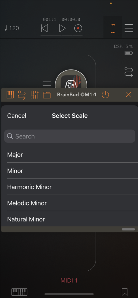 BrainBud - Bud App Controller - Interfaz de la aplicación BrainBud mostrando el menú Seleccionar Escala con opciones para escalas Mayor y Menor