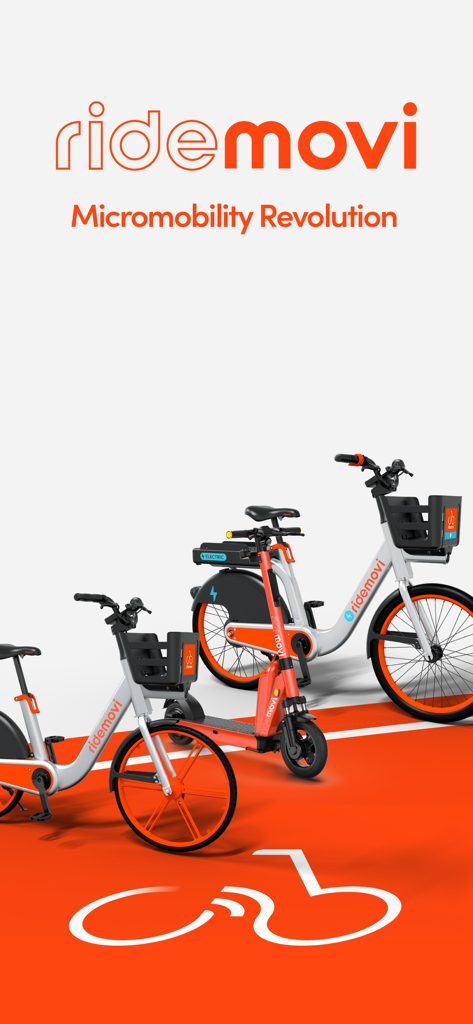 Eine Flotte von RideMovi Elektrofahrrädern und einem E-Scooter auf einem orangefarbenen Weg