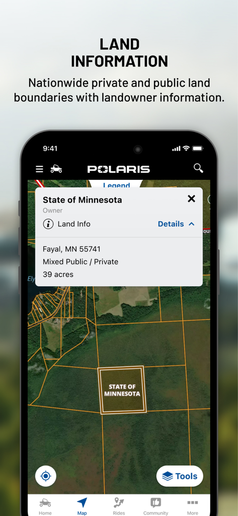 Polaris App-Screenshot, der landesweite öffentliche und private Grundstücksgrenzen mit Grundstückseigentümerdetails auf einer Karte anzeigt.