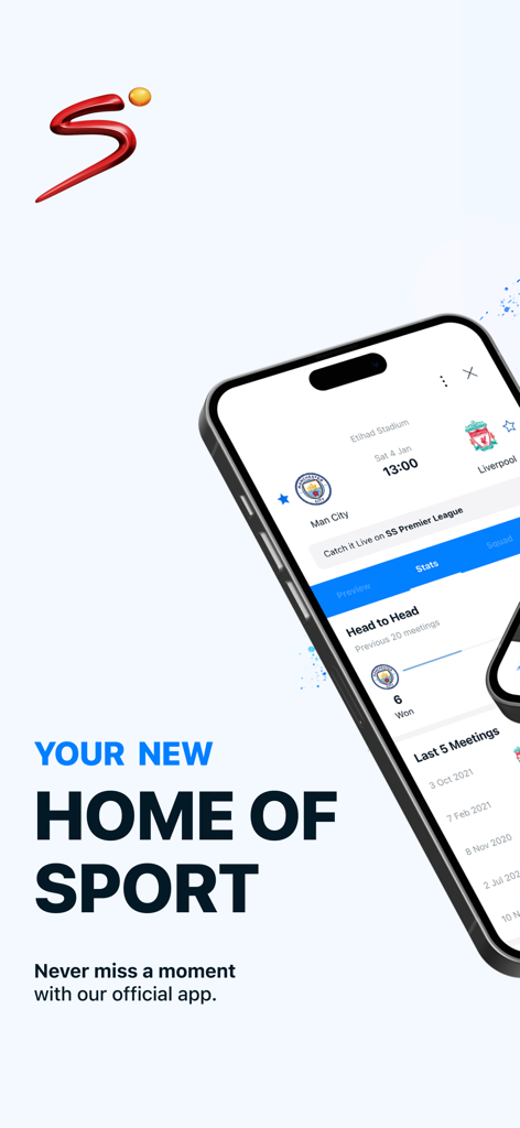 SuperSport - SuperSport app promotional screen showing a football match preview between Manchester City and Liverpool with head to head statistics.