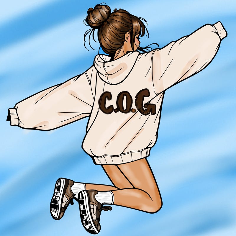realistic girl jumping with a bun and oversized sweatshirt