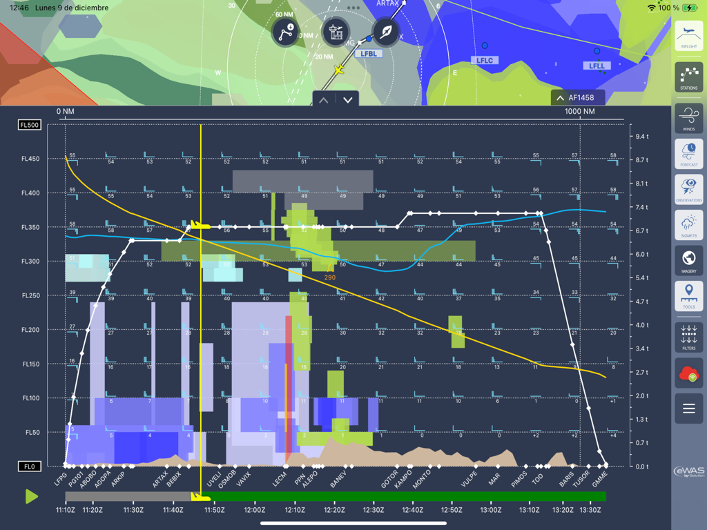 SITA eWAS - SITA eWAS iPad app displaying a vertical 4D weather profile for aviation flight planning