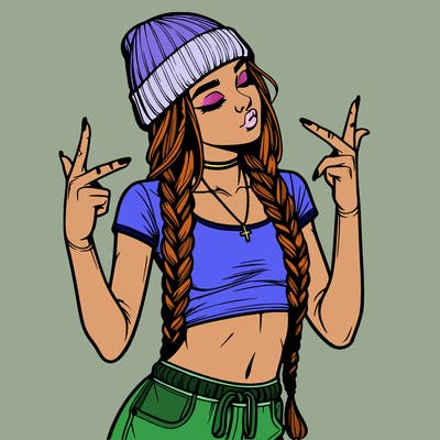realistic teenage girl with braids and a beanie and crop top doing 🫶🏼