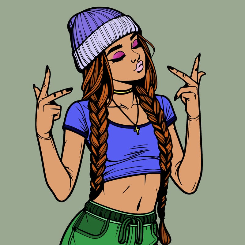 realistic teenage girl with braids and a beanie and crop top doing 🫶🏼