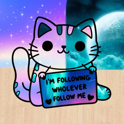 cat with a sign that says i’m following whoever follows me