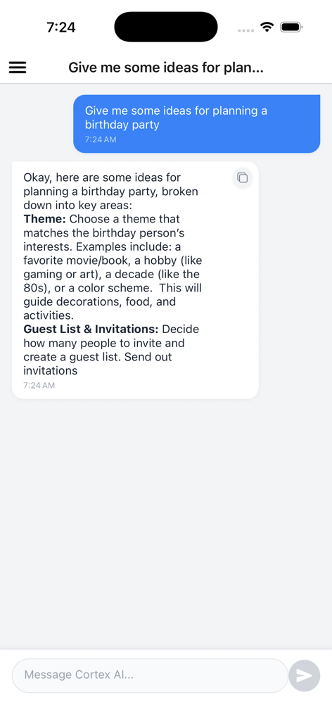 Uma interface de chat no aplicativo Cortex AI mostrando uma conversa sobre ideias de planejamento de festa de aniversário.