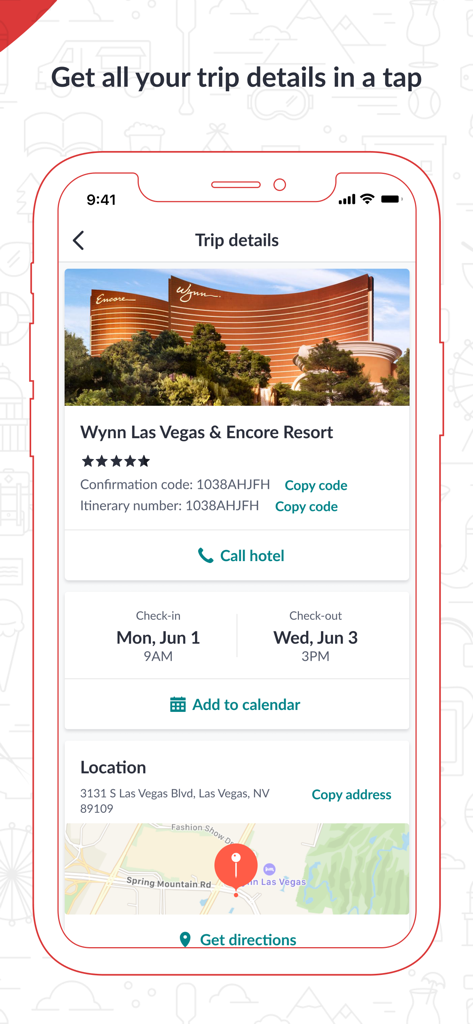 Hotwire app screenshot showing trip details for a stay at Wynn Las Vegas including check in times and map