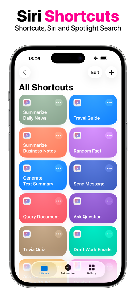 OfflineLLM: Private AI Chat - iPhone screen showing Siri Shortcuts integration for the OfflineLLM private AI chat app