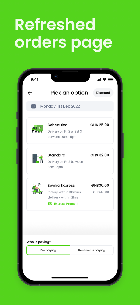 eWAKA Tech - eWAKA Tech mobile app screen showing delivery choices including express and scheduled options with pricing
