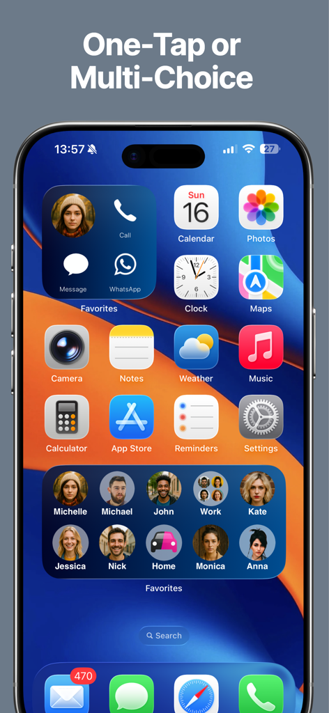Favorites Widget Pro - iPhone home screen displaying Favorites Widget Pro with one-tap shortcuts for calling and messaging contacts.