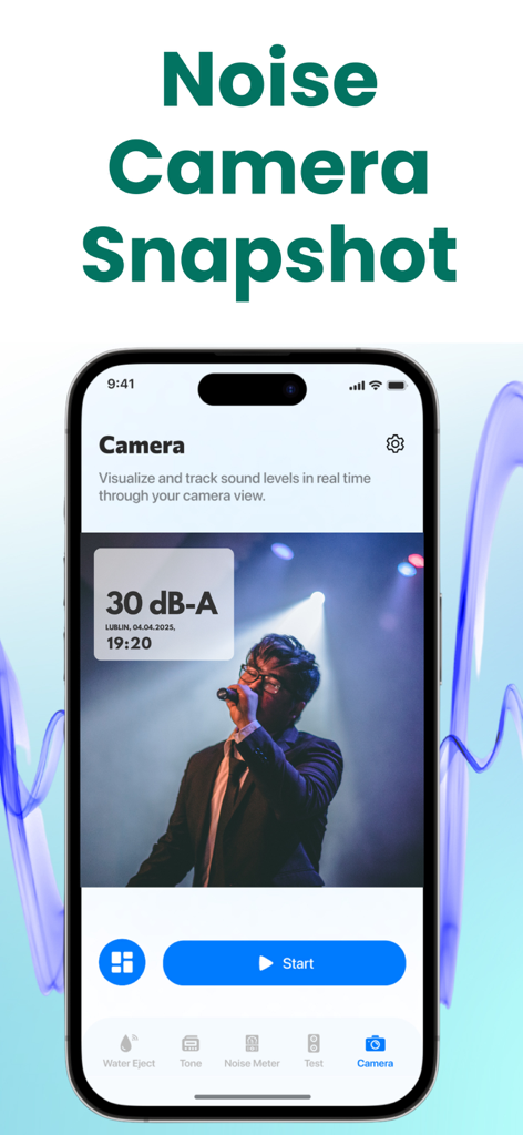 Clear Wave app noise camera feature showing real-time decibel level overlay on a photo
