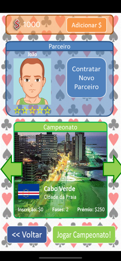 Sueca card game championship menu showing a tournament in Cabo Verde and partner selection options.