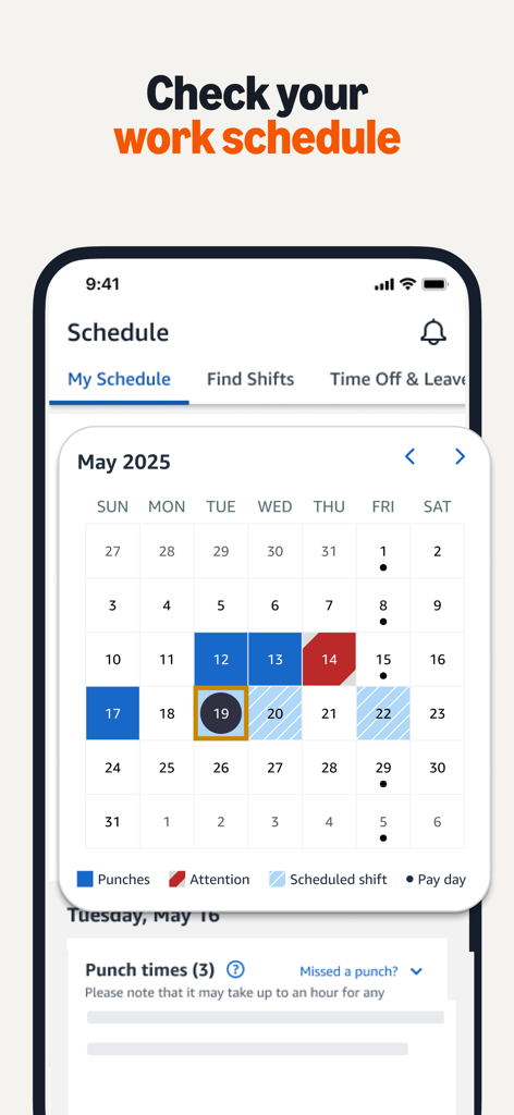 Interfaz de la aplicación Amazon de la A a la Z que muestra un calendario de horarios de trabajo mensual con indicadores de turnos y días de pago.