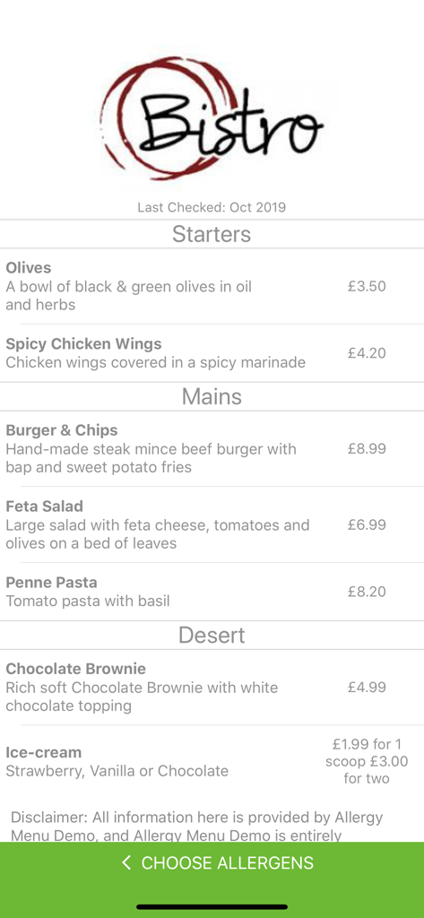 Um menu de restaurante para o Bistro na aplicação Menu de Alergias com um botão para filtrar por alergénios