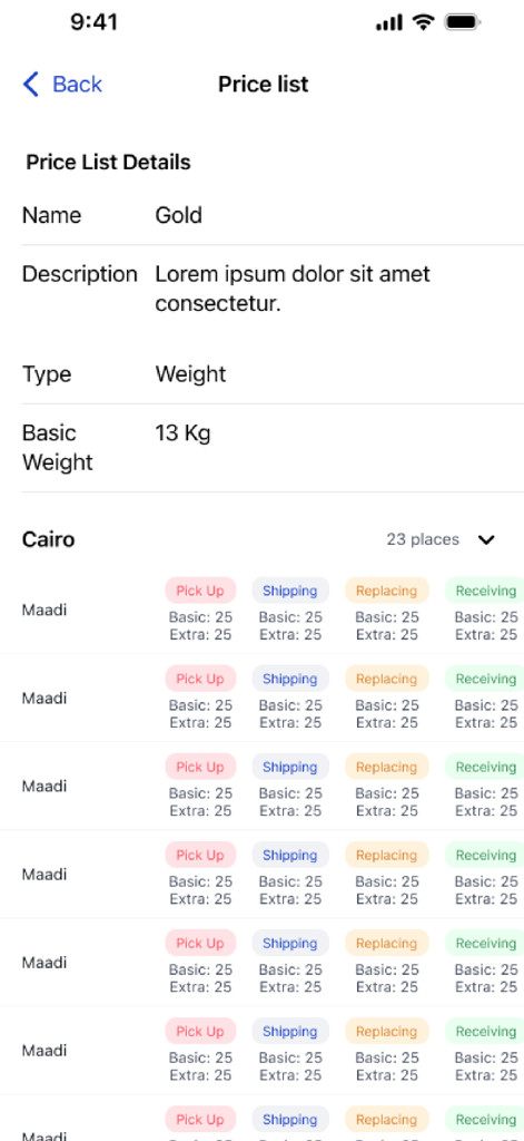 TradeSync - TradeSync app price list screen showing shipping and delivery rates for specific locations